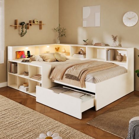Einzelbett 90x200 cm mit Stauraum und Schubladen, Holzbett Funktionsbett mit USB Typ-C Ladeanschlüssen & Leselicht, Weiß, 222x130x74 cm (1/5)