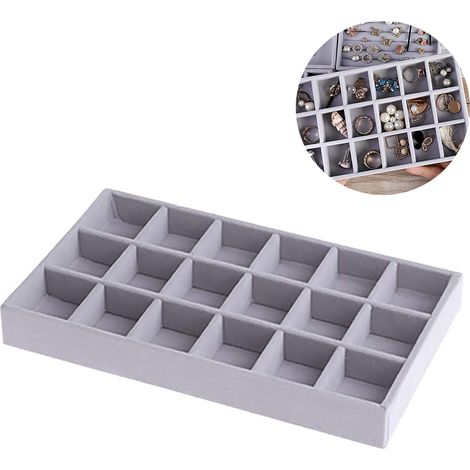Plateau Organisateur Bijoux - Velours Gris - 35 x 24 x 3 cm - Compartiments Réglables - Empilable - 12 / 18 / 24 Logements (1/5)