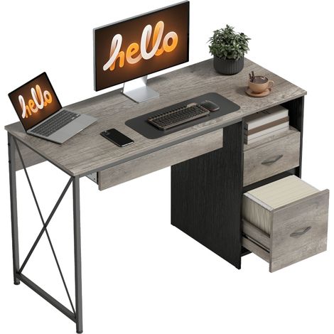 Bureau d'ordinateur, 120×50cm, bureau avec rangement, plateau clavier, compartiment ouvert et 2 tiroirs, gris (1/5)
