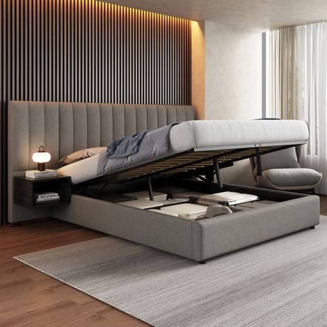 Bett Doppelbett Stauraum 160x200 Leinen Grau OKMYHOME
