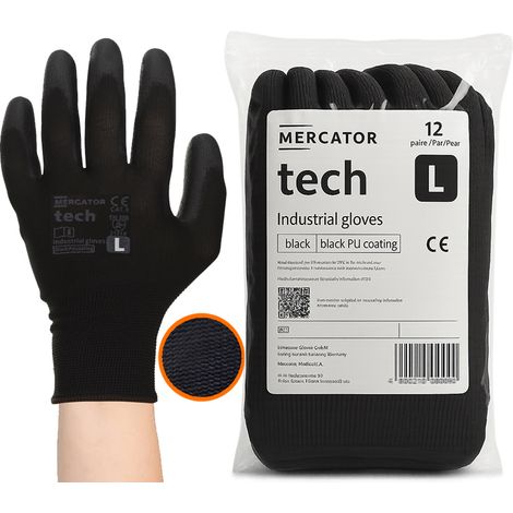 Guantes de trabajo MERCATOR Tech Black+Black PU - Talla L - 12 pares