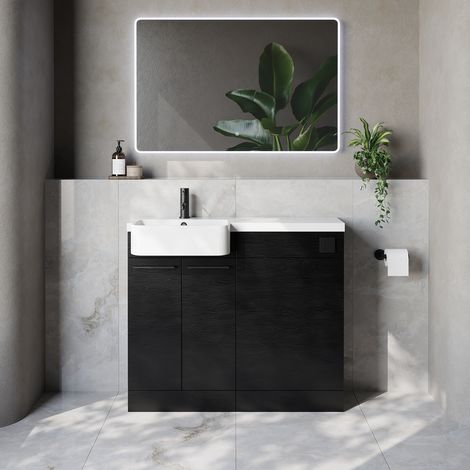 Napoli 250 Nero Oak 1000mm 2 Door Vanity Unit Toilet Suite with Left Hand Round Rico Semi Recessed Basin - 1000mm - Matt Black 160mm HandleWithout Kingston Toilet Pan