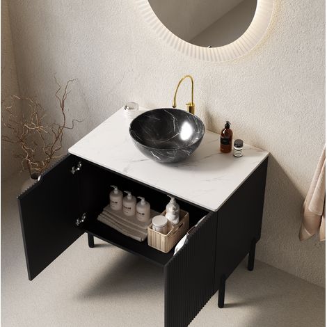Meuble vasque 76x48x89 cm en céramique noir et blanc, 2 portes, pour salle de bains – MEUBLIV (1/5)