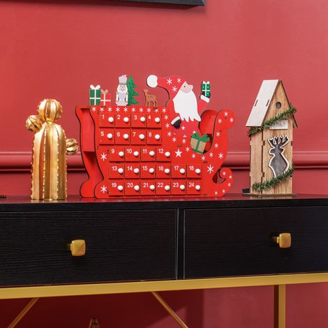 Calendrier de l'Avent en bois à remplir, décoration de Noël avec 24 tiroirs, Père Noël et traîneau, 22,5 x 8 x 36 cm, rouge (1/5)