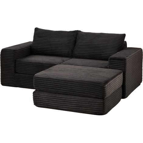 Divano letto modulare 2 in 1 in velluto a coste nero con 2 cuscini e poggiapiedi removibile (1/5)