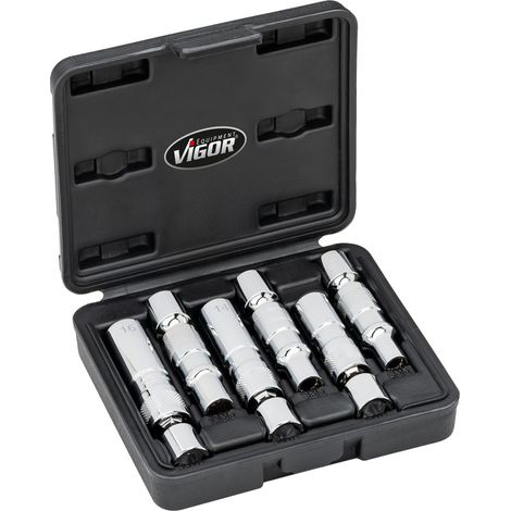 VIGOR Glühkerzenausdreher Satz, 3/8 (10 mm) Vierkant hohl, Außen Doppelsechskant Profil, 6-tlg., 8, 9, 10, 12, 14, 16, Anzahl Werkzeuge: 6 (1/5)