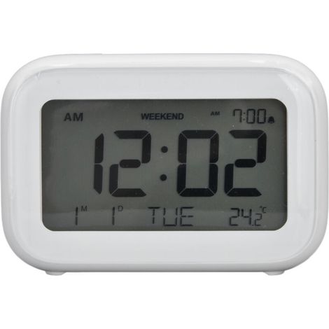 Mini reloj despertador digital con pantalla LCD, función de repetición de alarma, formatos de 12 y 24 horas, ideal para el dormitorio, viajes y la oficina, color blanco -Crezuo
