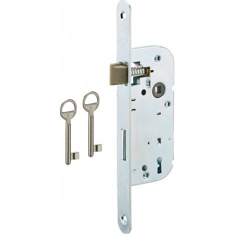 Serrure encastrable pour porte de chambre, axe 40mm, 2 tours, blanche, bouts ronds, 2 clés - SP