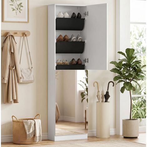 Meuble à chaussures avec miroir 50x20x180 cm en bois blanc, gain de place pour entrée FloraGrace (1/5)