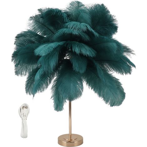 Ortviai Lampe de chevet en plumes d'autruche – Modèle TC-8830 – Vert foncé, 40 plumes, variateur tactile 3 couleurs (1/5)