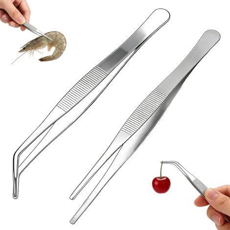 2 Pieces 20cm Kitchen Tongs, Professional Chef's Tongs, Tweezers, Stainless Steel Tongs 20cm Long Straight/Curved, Precision Culinary Tongs for Meat Barbecue Decoration (1/5)