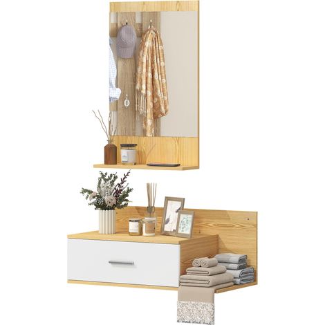Ensemble pour hall d'entrée comprenant un miroir, une étagère et un meuble mural avec tiroir et deux étagères ouvertes, en bois et verre. (1/5)