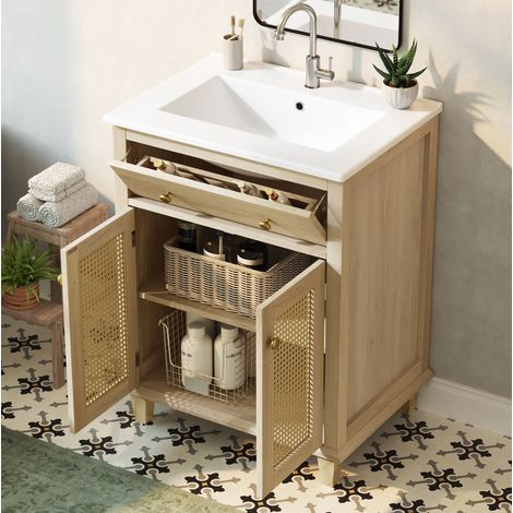 Meuble vasque 61 cm avec tiroir basculant, portes en rotin et étagères réglables, bois naturel (1/5)