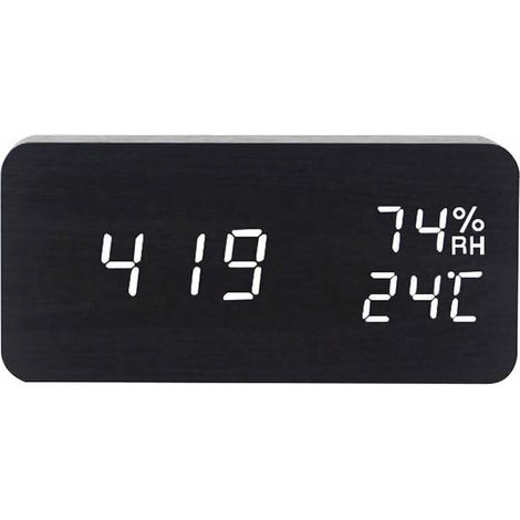 Digitaler Wecker aus Holz mit einstellbarer Helligkeit, Sprachsteuerung, rechteckiger LED-Uhr mit Zeit- und Temperaturanzeige, Dekoration für Zuhause, Schwarz