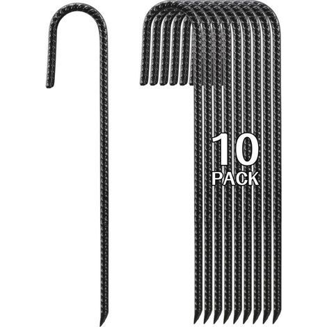 40 cm lange, hochfeste Stahlanker – 10er-Packung, J-förmige Bodenanker für Zelte, Gartenzäune, Pflanzen und Textilschläuche, Schwarz (1/5)