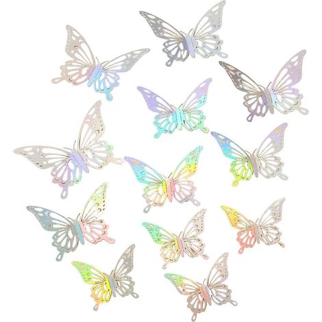 Décoration murale papillons 3D – 12 pièces, design ajouré – pour chambre et décoration de gateau d'anniversaire, avec autocollants amovibles - Argent (1/5)