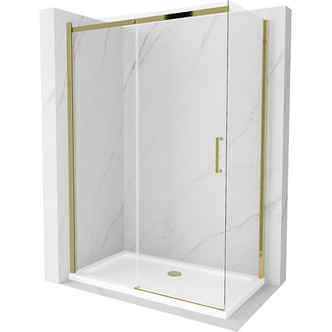 Mexen Omega ausziehbare Duschabtrennung 140 x 70 cm, Transparent, Gold + Duschwanne Flat - 825-140-0