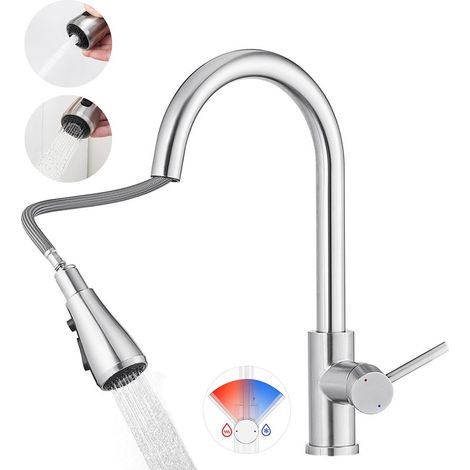 MAX Mitigeur Evier Avec Douchette Extractible - Robinet de Cuisine à 2 Modes de Pulvérisat - Mitigeur Evier Avec Barboteur Démotable - Brossé (1/5)