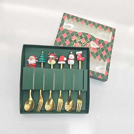 Coffret cadeau cuillère et fourchette avec motifs de Noël en acier inoxydable (ensemble de 6 pièces dans une boîte de Noël verte) (1/4)