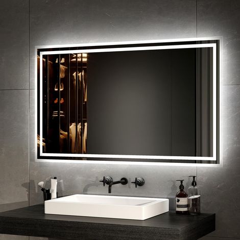 Miroir de Salle de Bain LED 100 x 60 cm avec éclairage lumière Blanche Chaude et lumière Blanche Froide avec Fonction Anti-buée + Bouton (1/5)