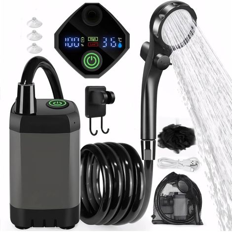 Portable camping shower with smart LED display and 6000mAh rechargeable battery, 4 spray modes, IPX7 waterproof outdoor shower kit for camping, washing