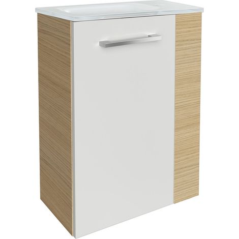 Fackelmann B. STYLE SBC Gäste-WC Set 2 Teile – Waschtischunterschrank in Weiß mit Holz Braun mit Waschbecken aus Glas in Weiß  – Waschbeckenunterschrank schmal – Türanschlag links – 45 cm breit"-"9010 (1/4)