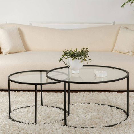 Dmora - Set mit 2 Couchtischen Aedion, Niedriger Wohnzimmertisch, Kaffeeregal, Couchtisch für Sofa, 80x80 h43 cm, Schwarz und Transparent (1/5)