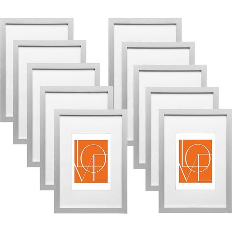 WOLTU 10er Set Bilderrahmen Fotorahmen Holzrahmen 15x20 cm, Fotogalerie mit Papier-Passepartout, aus MDF Platte,silber (1/5)
