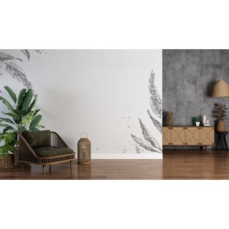 Papier peint nature - herbes légères en noir et blanc - 300 x 250 cm (1/2)