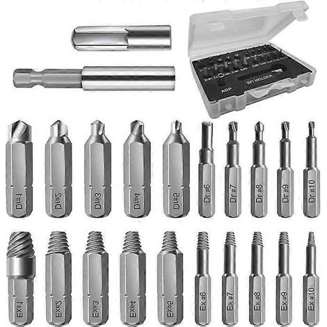 Kit d'extracteurs de vis pour vis abîmées, cassées ou endommagées - 22 pièces, argenté - Comprend forets, extracteurs et adaptateur pour douilles d'extension (1/5)