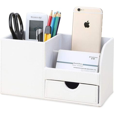 Schreibtisch-Organizer – 4 Fächer mit Schublade – PU-Leder und MDF – 21,5 x 10,5 x 12,3 cm – Weiß (1/5)