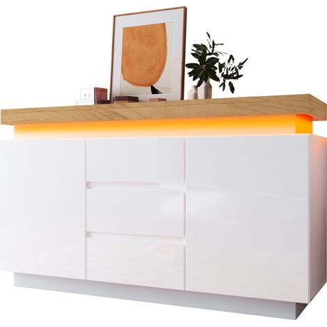 ELVMI Kommode mit 2 Türen 3 Schubladen und LED per App-Steuerung, für Wohnzimmer oder Schlafzimmer, aus Holz, 140 x 39 x 81 cm, Weiß (1/5)