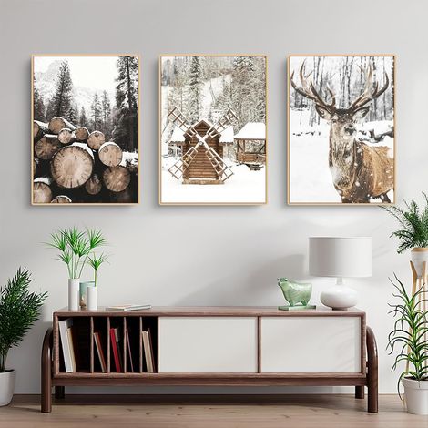 Lot de 3 posters - Paysage d'hiver - Élan - Maison en bois - Sans cadre - Décoration de Noël moderne - Pour salon, chambre à coucher - B, 50 x 70 cm (1/5)