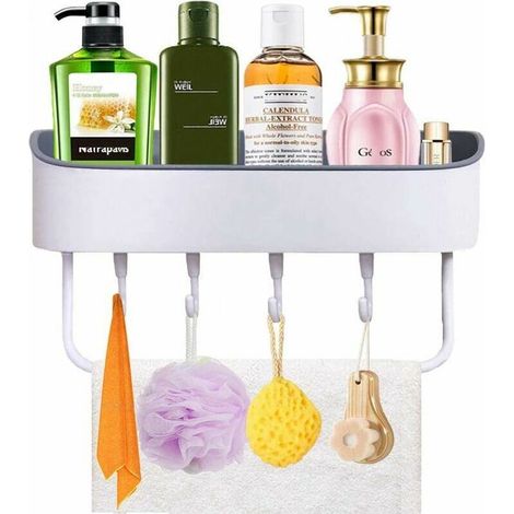 Shower basket, self-adhesive wall shower organizer, toilet shelves for shampoo, spice rack, storage basket, soap dish with 4 hooks and 1 towel holder (1/5)