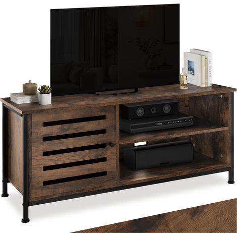 Meuble pour téléviseur TV Style industriel pieds réglables Bois foncé (1/5)