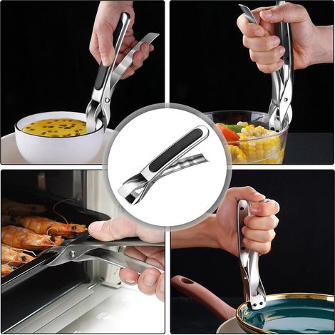 Dos pinzas de acero inoxidable, pinzas para alimentos calientes, para sujetar cuencos calientes, sartenes calientes, aptas para microondas, hornos, etc.
