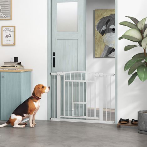 Puerta de seguridad para perros con sistema de doble cierre, montaje a presión o mediante taladro, ancho 76-104 cm, blanca. (1/5)