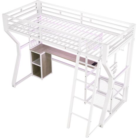 Cama alta 90 x 200 cm de metal y MDF con escritorio, almacenaje, luz y enchufe, blanca (1/5)