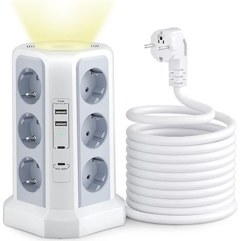 Parasurtenseur multiprise, 4000 W, 16 A, avec 2 ports USB A et 2 ports USB C, câble d'extension de 2 m, modèle gris avec veilleuse