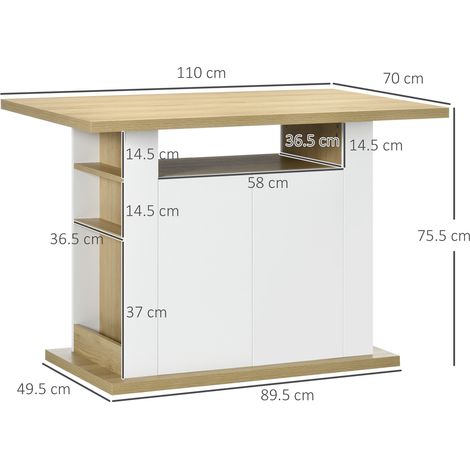 Îlot de cuisine avec quatre places assises, placards et étagères ouvertes, en aggloméré, 110 x 70 x 75,5 cm, blanc et couleur bois. (1/5)