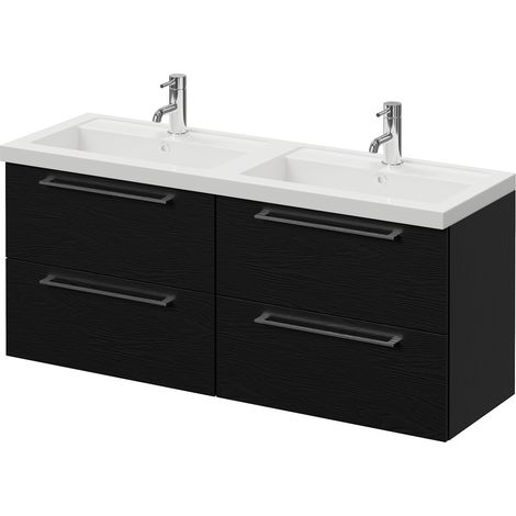 Napoli 390 Nero Oak 1200mm Wall Mounted 4 Drawer Vanity Unit with Double Lucia Basins - 1200mm - Chrome 320mm Handle