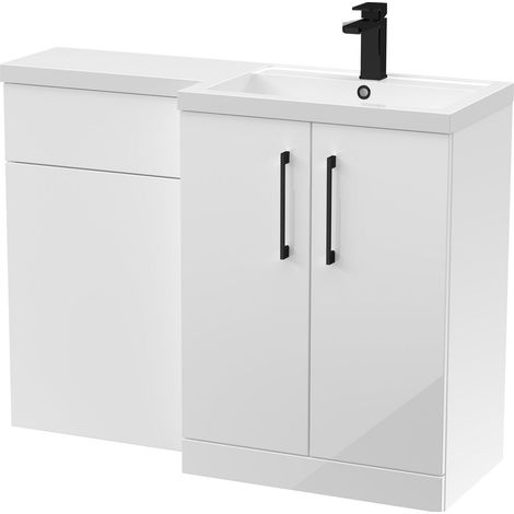 Balterley Right-Hand Bathroom Vanity and WC Unit Combination with Basin - 1100mm - Gloss White with Black Handles (1/5)