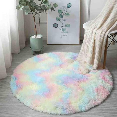 Tapis Salon 100x100cm (Arc-en-Ciel, Ronde) Design Moderne Poils Longs Ronde, Interieur Anti Slip Décor Moderne Ultra Doux De Peluche De Pièce De Maison De Tapis De Pépinière De Carpettes