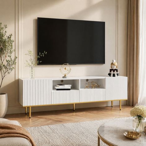 Meuble TV 165 x 36 x 55 cm avec 2 compartiments et 2 tiroirs, blanc et doré HAVRYA (1/5)