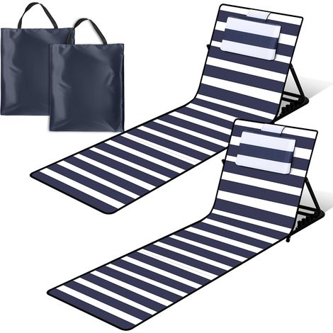 Randaco 2x Strandmatte mit Rückenlehne Gepolstert klappbar UV-beständig Tasche Reißverschluss Kissen Tragegurt Garten Camping Picknick Liegematte 158 x 55cm, Blau-weiß gestreift