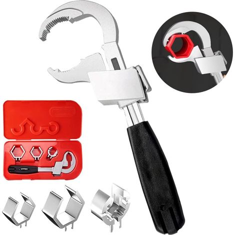 Lntyq Clé universelle réglable à double extrémité, multifonctionnelle, avec 3 têtes de rechange, kit d'outils de réparation pour robinet, salle de bain, cuisine (1/5)