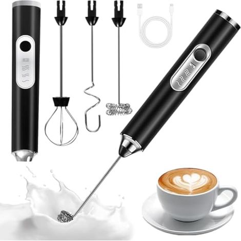 3 en 1 Mousseur à lait rechargeable USB, 3 fouets, 3 vitesses réglables, mélangeur à lait portable pour œufs, café, lattes, cappuccino (1/4)
