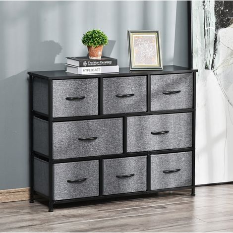 Commode 8 tiroirs 100x30x78,5 cm en tissu gris foncé, avec rangement pour chambre FloraGrace (1/5)
