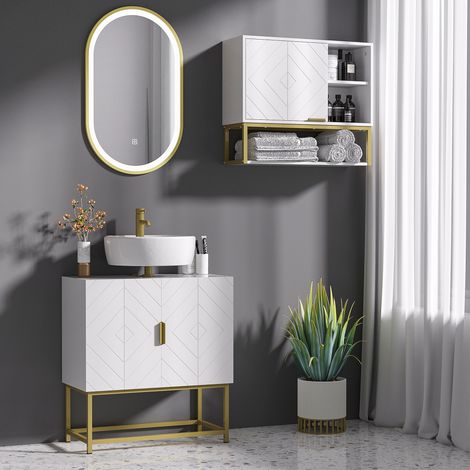 Meuble de salle de bain armoire sous lavabo, 2 portes, blanc et or, 60x30x65 cm, acier et bois, design moderne. (1/5)