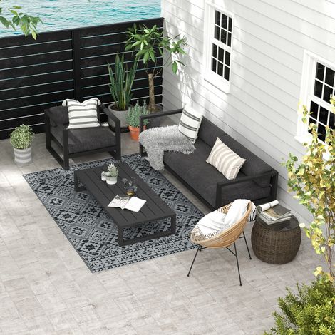 Tapis de balcon en extérieur,imperméable,géométrique,pour le camping et le patio,Hauteur : 3 mm,Noir+Gris,182 x 274 cm